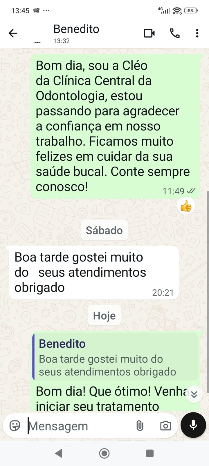 Depoimento de paciente Benedito via WhatsApp